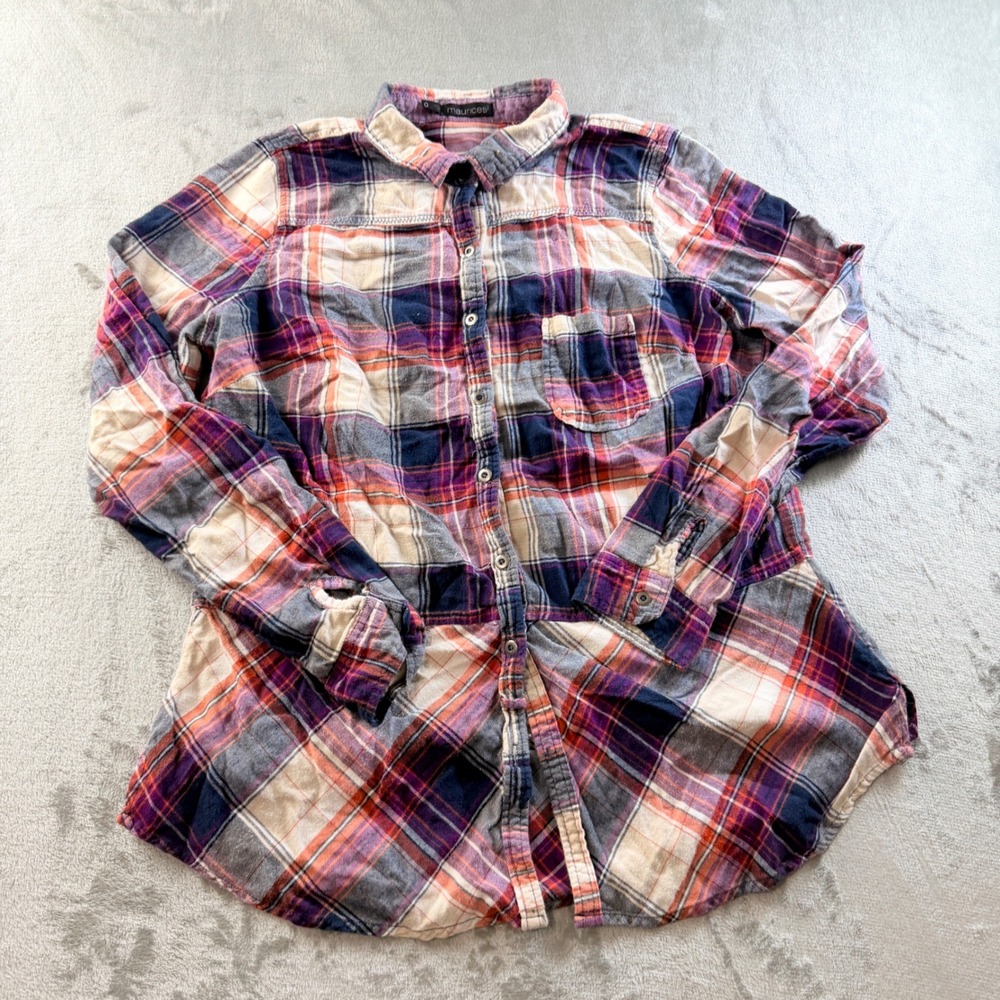 Maurices Plaid Button Down Flannel Shirt Purple Orange White Women's 0